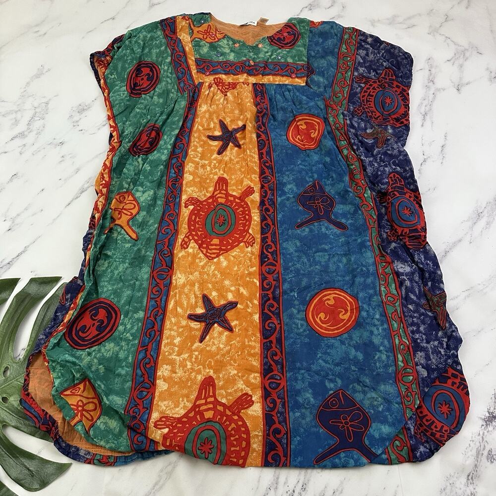 La Cera Womens Vintage 90s Muumuu Shift Dress One Size Blue Red Fish Boho